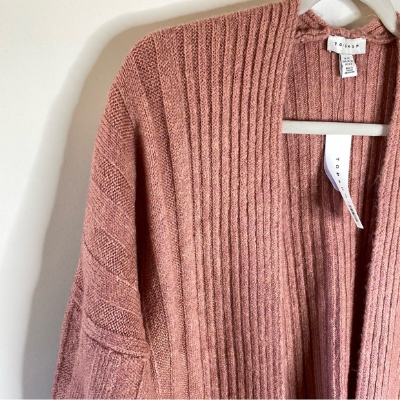 Topshop Women Open Front Cardigan Sz XS Dusty Pink Ribbed Pockets Drop Shoulder - Picture 3 of 13